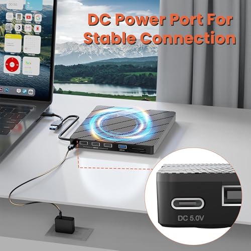 Image of Techie 8-in-1 External DVD Drive with USB Hub, SD TF Card Reader and Type-C Power Port - Dual USB-A and Type-C Interface CD DVD Reader Writer for Laptop, MacBook, PC and Tablets (Black Grey)