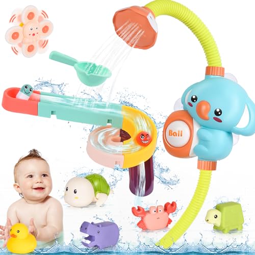 Herenear Juguetes Bañera Bebe, Juguetes De Baño para Niños Pequeños con Elefante Rociador Ajustable 360 Grados Pista Deslizante Juguetes Flotantes Juguetes de Reloj, Regalo para Bebes