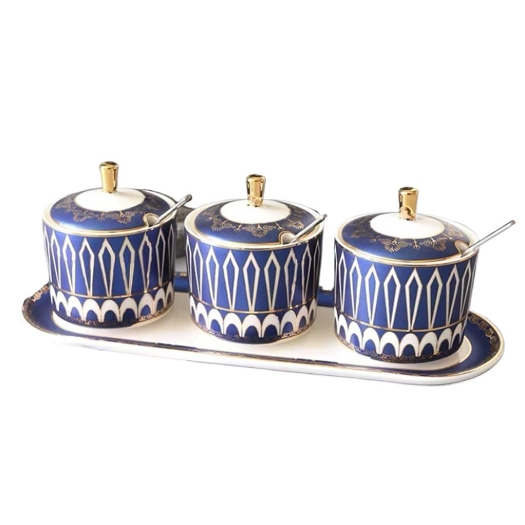 IANSHFKN Ceramic Seasoning Box Jar Kitchen Combination Set With Spoon And Lid Bottle Salt Shaker
