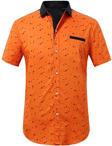 SSLR Men's Printed Button Down Casual Short Sleeve Cotton Shirts (Medium, Orange)