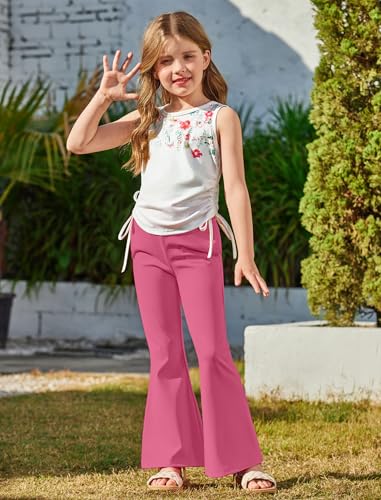 Image of Arshiner Toddler Girl Clothes 2 Piece Outfits Side Adjustable Drawstrings Tank Tops and Flare Leggings Pant Set