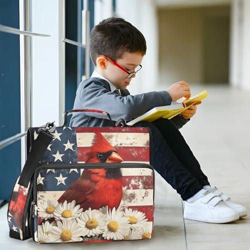 Image of Cardinalbird American Flag Daisy Zipper Binder Bag 3 Ring Binder with Shoulder Strap Zip Up 500 Sheets Capacity Multi Pockets for School Office Supplies