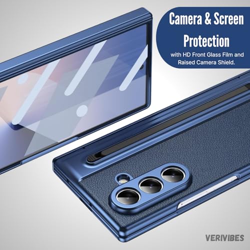 Image of Ultra Hybrid Luxury Leather Compatible with Samsung Galaxy Z Fold 7 (2025) | Built-in S Pen Holder | 360 Hinge Protection | Slim Shockproof Back Cover with Tempered Glass - Blue