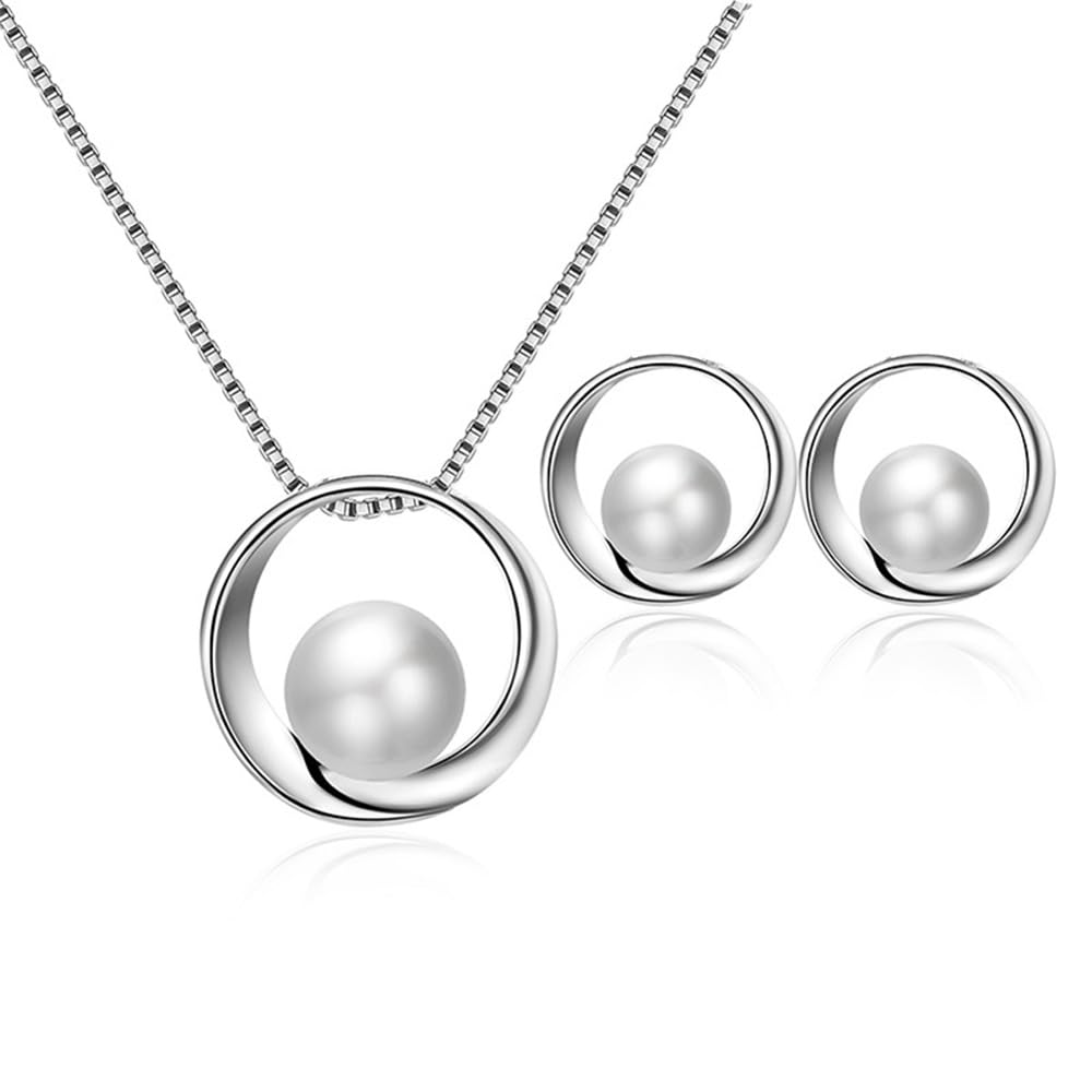 QKEPCY Conjuntos de Joyas para Mujer y Niñas Círculo de Perlas Cristal Colgante Collar Fiesta Boda Nupcial Dama de Honor Pendientes