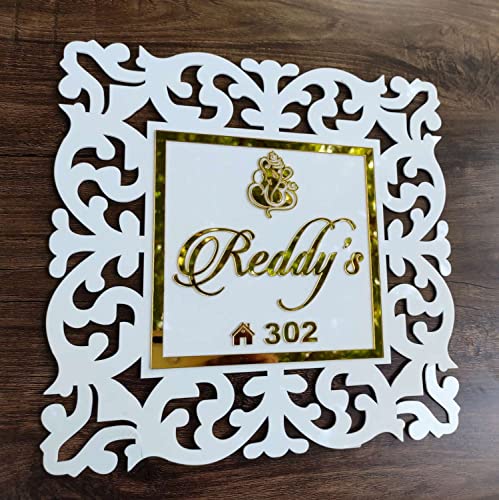 Image of Aarushi Creations Acrylic Personalized Home Name Plate - 3 Year Warranty - Acrylic Embossed Letters with Mirror Shine (White, Golden) 0319 (12x12 Inch)