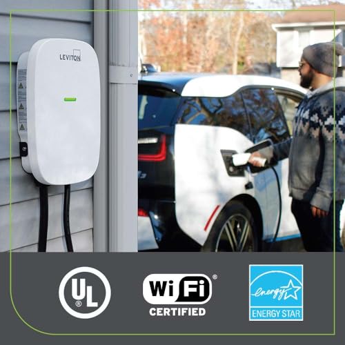 Image of Leviton Level 2 Smart EV Charger with Wi-Fi, 32 Amp, 208 /240 VAC, 7.6 kW Output, 18' Cable, Indoor /Outdoor Hardwired EV Charging Station, My Leviton Compatibility, EV32W EVSE, White-Black