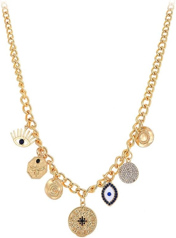 NALISASA Glod Plated Boho Paperclip Chain Charm Necklace for Women Handmade Evil Eye Sun Moon Star Flower Coin Safety Pin Necklace Celestial Jewelry