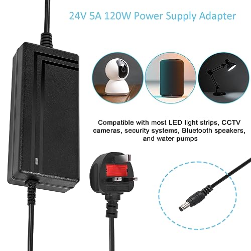Power Supply 24V 5A,AC 100-240V to DC 24V 120W Converter Adapter Driver Transformer with 5.5mm x 2.5mm/2.1mm Jack, UK Plug for Led Strips,LCD Monitors,CCTV Camera - Image 5