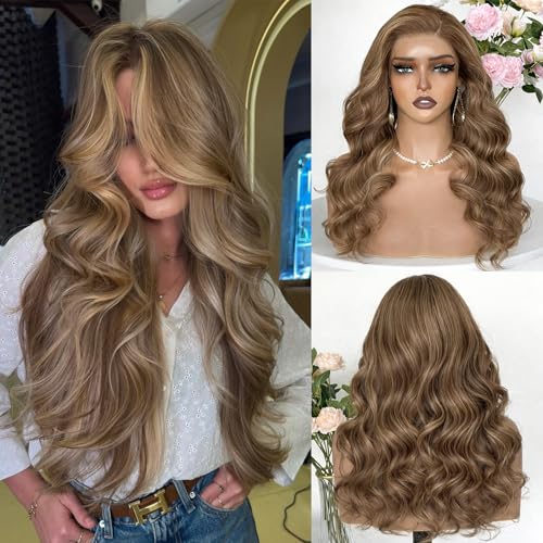 Image of 13x4 Lace Front Body Wave Wigs Human Hair Ash Blonde Balayage Wigs Human Hair for Women Brown Hair with Blonde Highlight Wig Human Hair Brunette Hair with Blonde Highlights Wig 200% Density 24 Inch