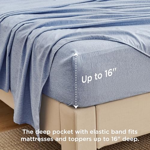 Image of Bedsure California King Sheet Sets - 4 Pieces, Soft & Cooling Cal King Sheets, Luxury Cationic Dyed, Deep Pockets & Easy-Fit, Breathable & Wrinkle Free, Blue
