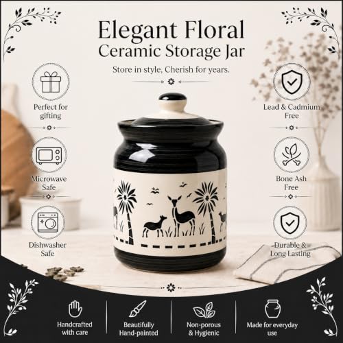 Image of D'Maiolica Ceramic Handmade Pickle Jars in 1000ml (set of 2) | Floral Bale 1 kg Achaar Martban | Ceramic Jadi for Kitchen Storage (Set of 2) | Jars for Achar, Spices, Salt (Artisian Midnight Savannah)