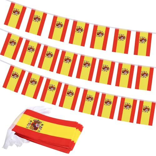 Spain Flag Banner Small Mini Spanish Flags Patriotic Decoration for Party Classroom Sports Events 33 Feet 30 Flags