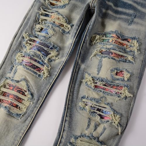 Mens Patchwork Denim Destroyed Biker Jeans Skinny Stretch Slim Distressed Ripped Stacked Wrinkled Pants Tapered4