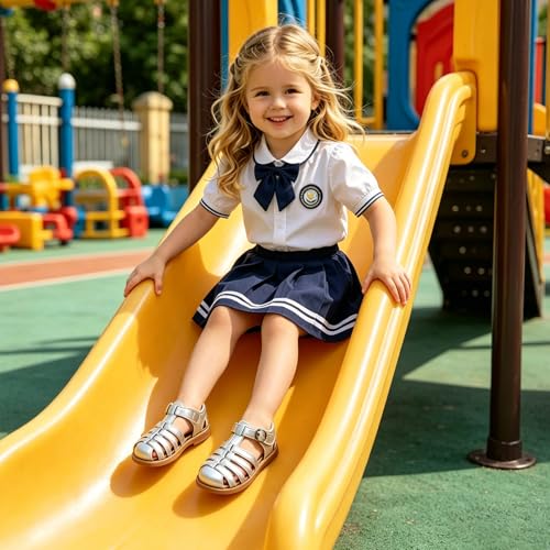 Image of Toddler Girl Sandals with Flower, Breathable Leather kids Closed Toe Sandals, Soft Rubber Non-Slip Summer Shoes for Little Girls 2-7 Years