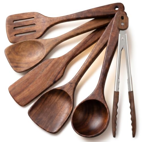 Image of 6 Pcs Walnut Wooden Kitchen Utensil Cooking Utensils Set with Food Tongs Flat Spatula Angled Spade Slotted Turner Sourdough Spatula Soup Spoon Heat Resistant for Nonstick Cooking Stirring Serving Home