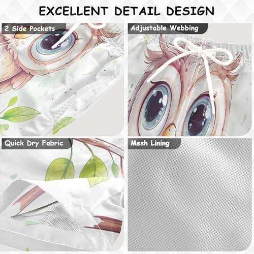 DOMIKING Owl Branch White Boys' Pull On Swim Trunks Quick Dry Boardshorts with Mesh Lining for Boys Kids M3
