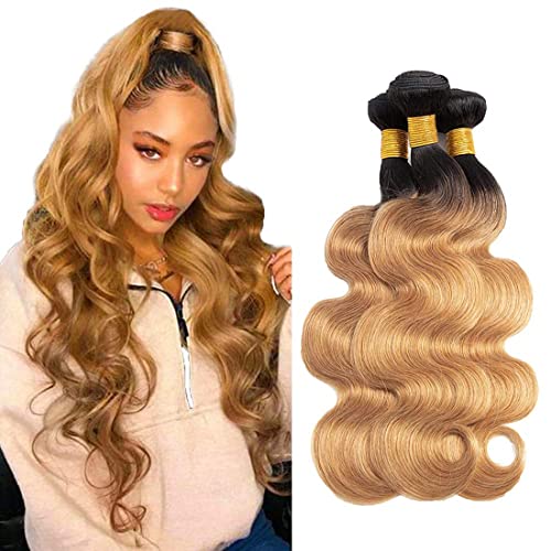 HuoWoc Body Wave Brazilian Ombre Bundles 1b 27 100% Unprocessed Virgin Hair Grade 8A Hair Bundles With Dark Roots Tow Tone 1B 27 Ombre Hair Bundles 26 28 30 h