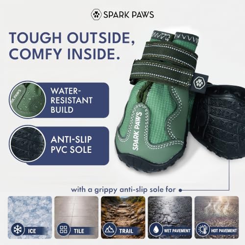 Image of Spark Paws 365 Dog Shoes - All-Weather Paw Protection | Winter Snow Boots & Summer Hot Pavement Booties for Dogs | All-Terrain, Water-Resistant, Green - Size 8