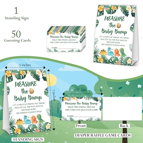DETIHO Dinosaur Baby Shower Party Game Cards - 5" x 7" Self-Standing Measure The Baby Bump Sign with 50 Fill-in Guessing Cards (2.1" x 3.5") - a02