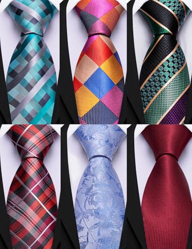 Image of Barry.Wang Mens 6 PCS Ties Silk Striped Paisley Check Floral Necktie Silky Woven Wedding Business Party Ties 3.34 inch