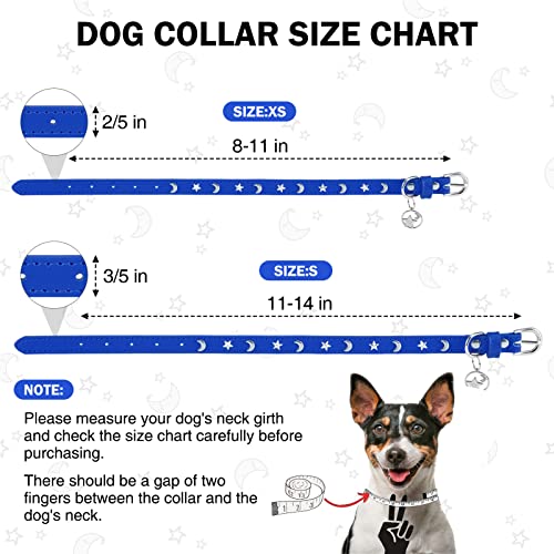 Dillybud Leather Dog Collar For Puppy Small Medium Dogs, Adjustable Star And Moon Studded Pet Collars With Rust-Proof Metal Buckle And Charms, Xs S Dog Collars For Boy And Girls, Size 11-14" Blue #TOP3