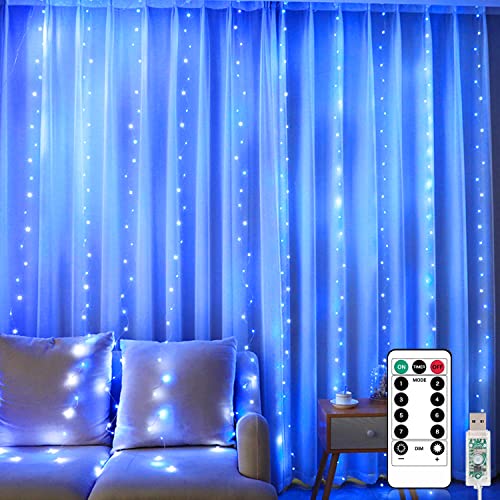 Bigzom LED Lichtervorhang,3 * 3M 300er Lichterketten Vorhang mit USB Fernbedienung 8 Modi Lichterketten für Innen,Blau