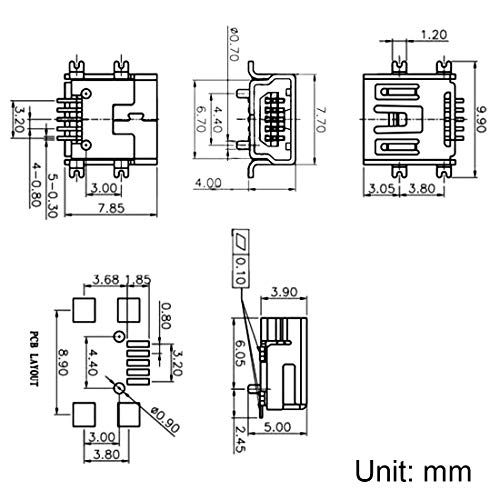 uxcell Mini USB PCB Connector Tipo B 5P Hembra SMT 10 Piezas miniatura 4