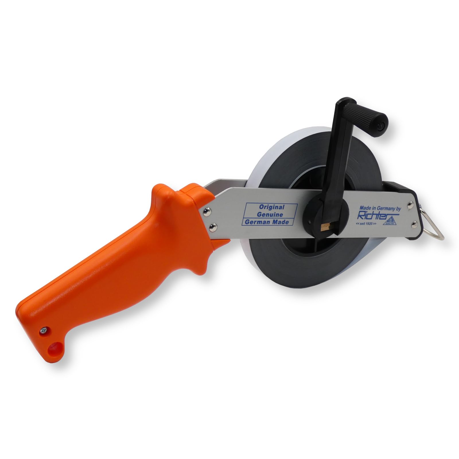 Richter Stahlbandmaß 50m mit mm-Teilung - Maßanfang "B" - Bandmaß 13mm breit mit Leichtmetallrahmen - weiß lackiert mit Duplex-Teilung - im Set inkl. 1 St. DEWEPRO Zollstock 2m