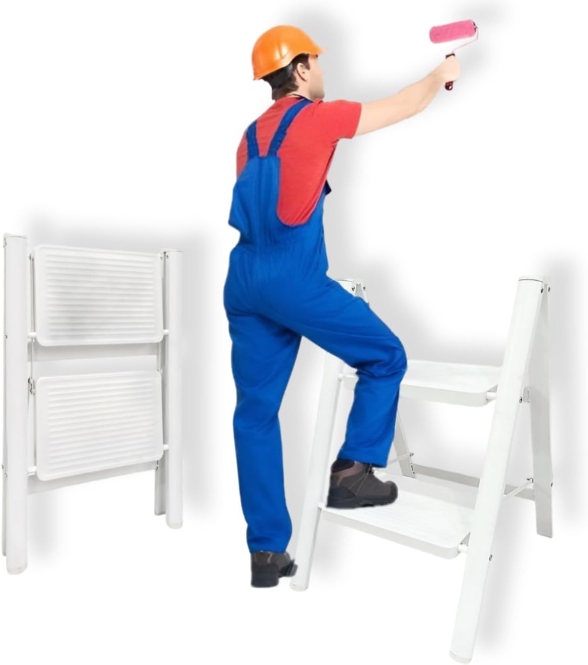 ISOP 2 Step Folding Ladder Aluminum | White Standing Ladders Foldable - Two Step Ladder | Anti-Slip Steps | 2-rungs Durable, Lightweight & Compact | Step Ladders for Household, Garage or Office