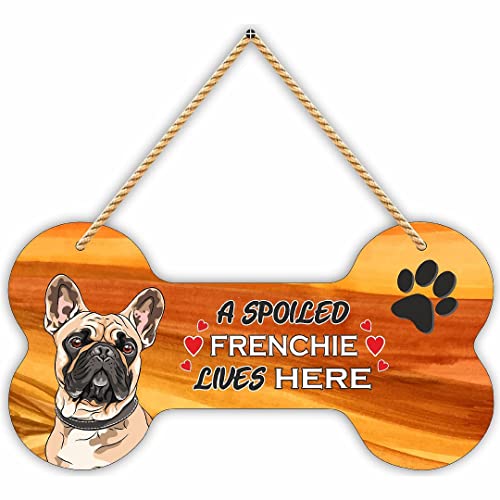 Image of CVANU MDF Wooden Pet Dog Sign Plaque Short Hair Bone Design A Spoiled Frenchie Lives Here Animal Love Sign Board, Name Plate for Dog House Golden & Black, Size(10x5) inch
