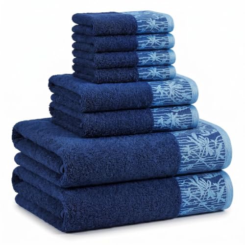 Superior Floral Jaquard Cotton Bathroom Towels, 8pc Towel Set, Navy Blue