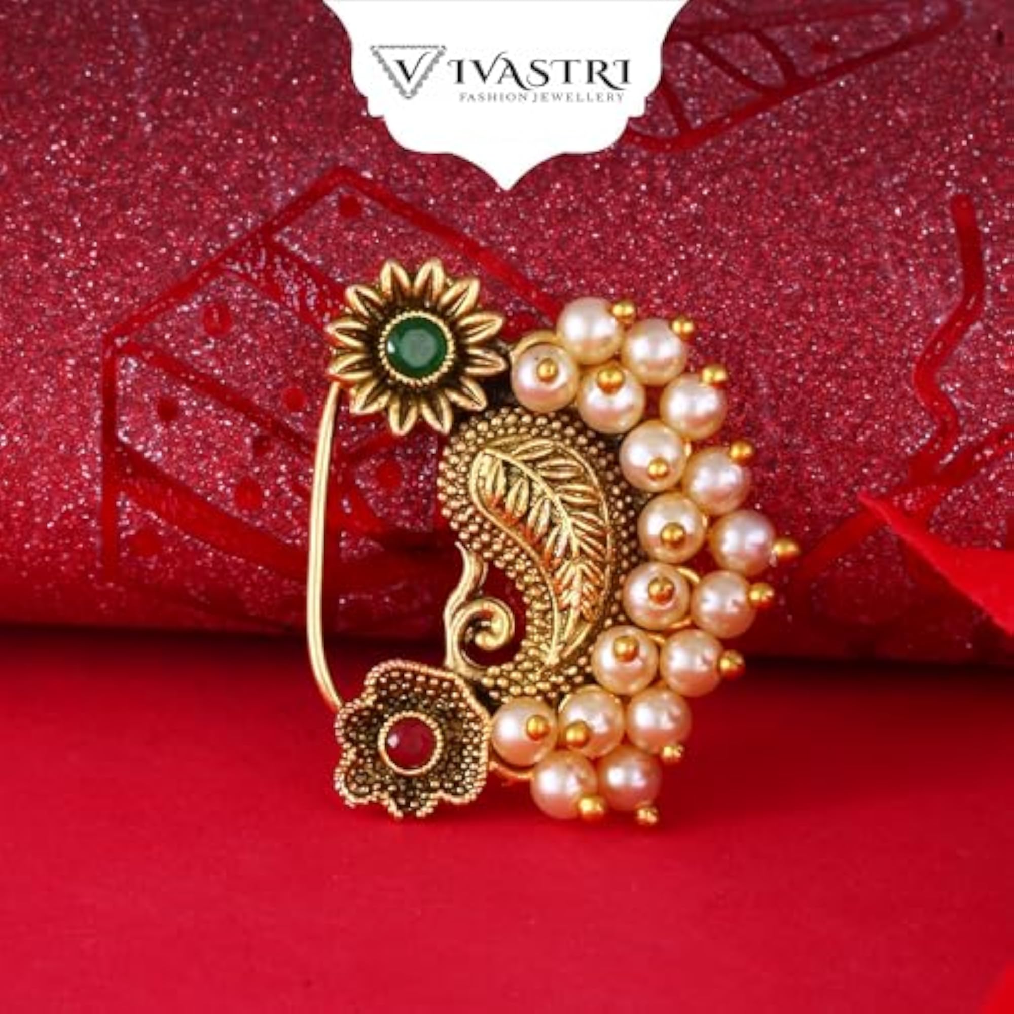 Vivastri's Premium White Moti Beaded Gold Plated Nath