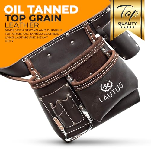 Image of LAUTUS 5 Pocket Oil Tanned Leather Tool Belt - Multifunctional Tool Pouch /Bag /Apron Carpenter, Construction, Framers, Handyman, Electrician | 30-Inch to 46-Inch | Brown| Hammer Holder| Built Tough|