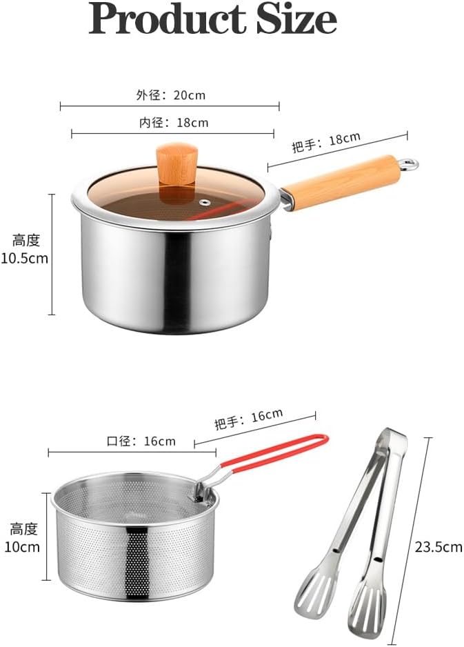 Deep Fryer Pot 304 Stainless Steel Frying Pan with Strainer Basket and Handle,Japanese Tempura Fryer Deep Fryers Frying Pot for Frying Fish Shrimp Chicken and Fries (Silver)