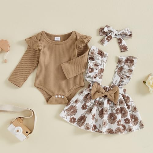 Baby Girl Clothes Fall Cute Skirt Outfits Long Sleeve Romper Floral Overall Skirt Dress Bow 3PCS Outfit2
