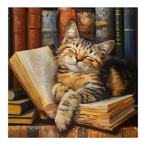 BOWETILE Halloween Diamond Painting Art Kits gato castanho adultos, livro e gato cristal pintura de diamante com cristais per principianti, decoração casa 30 x 30 cm