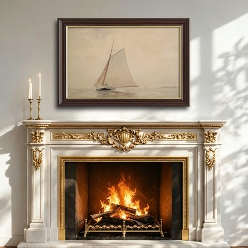 Image of Framed Vintage Sailboat Canvas Wall Art, Antique Nautical Watercolor Painting Prints, Neutral Tone Coastal Wall Decor for Living Room Bedroom Bathroom Office