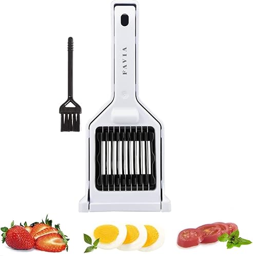 FAVIA Cortador de huevos para huevos duros, hongos, fresa, cereza, tomate, kiwi, fruta con 9 cuchillas de acero inoxidable, multiusos, prácticos,