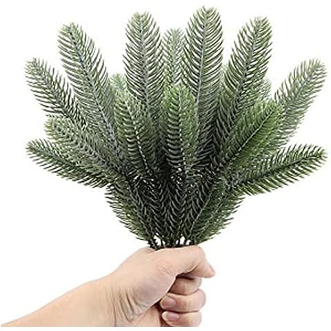 Artificial Pine Branches, KY-Tech 50pcs Artificial Pine Needles Faux Fir Tree Branches Christmas Foliage Fake Pine Leaves Wreath Garland Making Supplies Christmas Craft Supplies (Green white) Cover