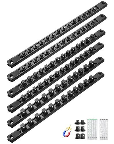 Image of ALOANES Magnetic Socket Organizer Set, 6PC Heavy Duty Aluminum Socket Holder Organizer, 360 Swivel Clips Socket Holder Kit for Toolbox Drawer Fit 1 /2, 3 /8, 1 /4-Inch x 80 Clips (Black, 6PC)