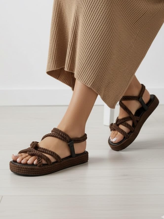 Image of Indifeet Women's Rope Espadrille Flatform Sandals | Stylish Open Toe Strappy Platforms | Adjustable Velcro Ankle Strap | TPR Sole | Summer Beach Casual Travel