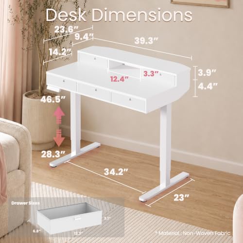 Image of HUANUO 39-Inch 4 Drawers Electric Standing Vanity Desk | 4 Memory Heights; 28.3-46.5 in Range; Quiet Lift under 50 dB; Multi-Drawer Storage; Sit-Stand Makeup, Work & Study Desk