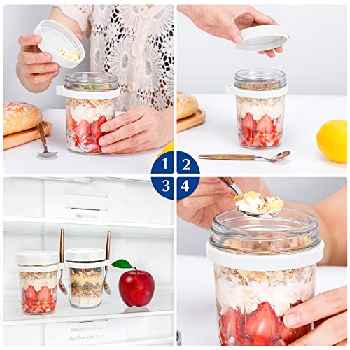 Image of PFUM Glass Overnight Oats Jars With Spoon And Lid 16 Oz [2 Pack], Airtight Oatmeal Container With Measurement Marks, Mason Jars With Lid For Cereal On The Go Container (2Pcs White)