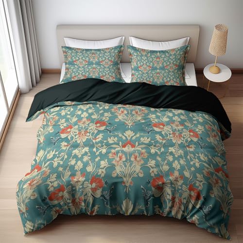 Parure de lit 2 personnes bleu en microfibre coton motif rétro floral chic - 5