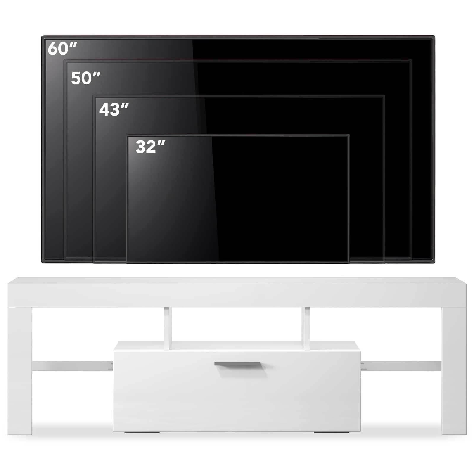 Entrintou Modern LED TV Stand for 55 inch TV with Shelves and Large Storage, Rustic Entertainment Center, Small Television Stand, White Table Top Gaming Glossy TV Stand for Living Room, Bedroom