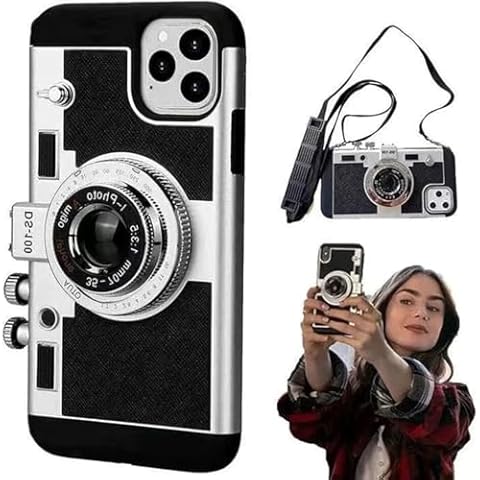 Lozeguyc for iPhone 16 Pro Max Case with Crossbody Lanyard Strap,3D Cute Girly Camera Design,Soft TPU+PC Back Dual Layer Protective Phone Case for iPhone 16 Pro Max for Women Girls Black Cover