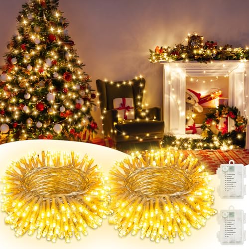 Electight Guirlande Lumineuse Extérieur 2x10M - 200 LEDs Blanc Chaud Imperméable IP44, Alimentation par Piles - Lot de 2 Rouleaux pour Décoration Jardin,...
