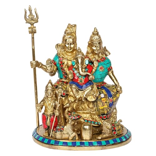 Image of Kartique Brass Shiv Parivar Statue with Multicolored Stonework, 9-Inch Tall, Ideal for Home Decor and Pooja Rooms, Beautifully Crafted Shiva Family Idol