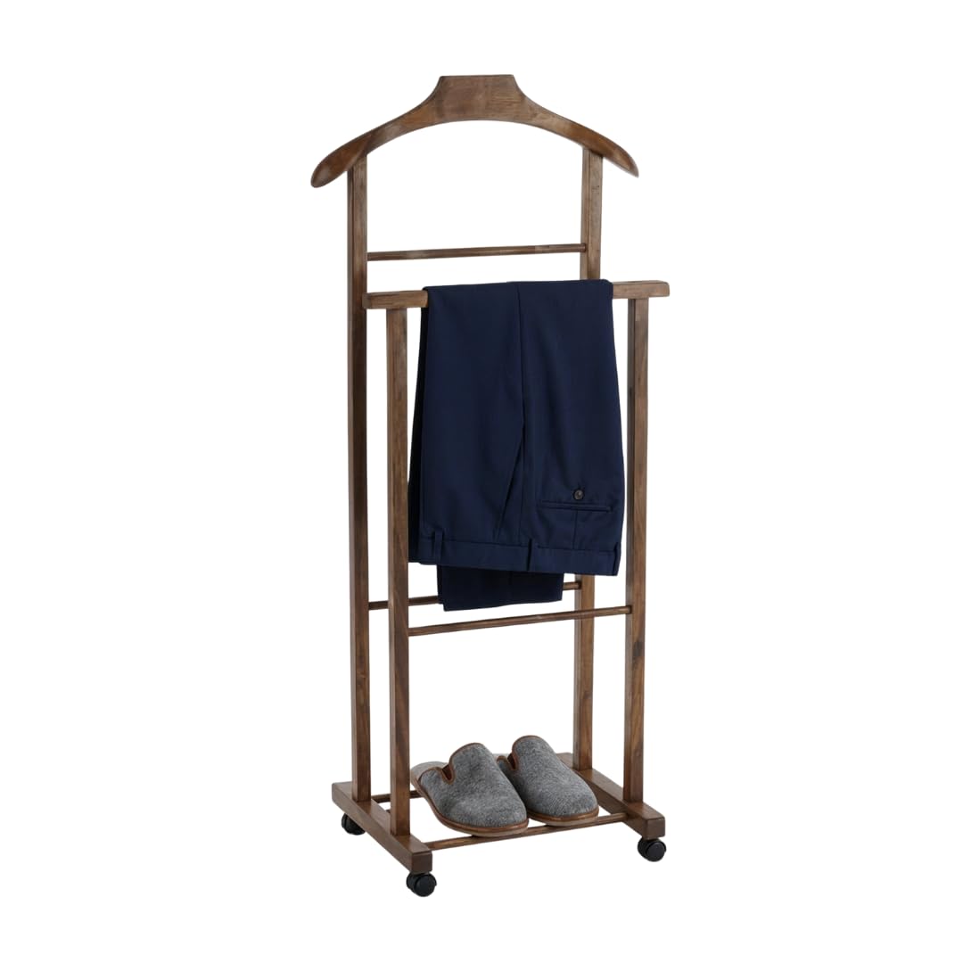 Mottiwood Beech Wood Bedroom Clothes Hanger, Natural Walnut Color, Double Servo Mute With 4 Wheels