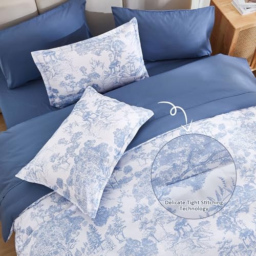 Image of DJY Blue Comforter Set Full, 7 Pieces Full Size Flower Comforters with Sheets Elegant Plants Print Bed in a Bag Soft Microfiber Reversible Complete Bedding Sets for All Season